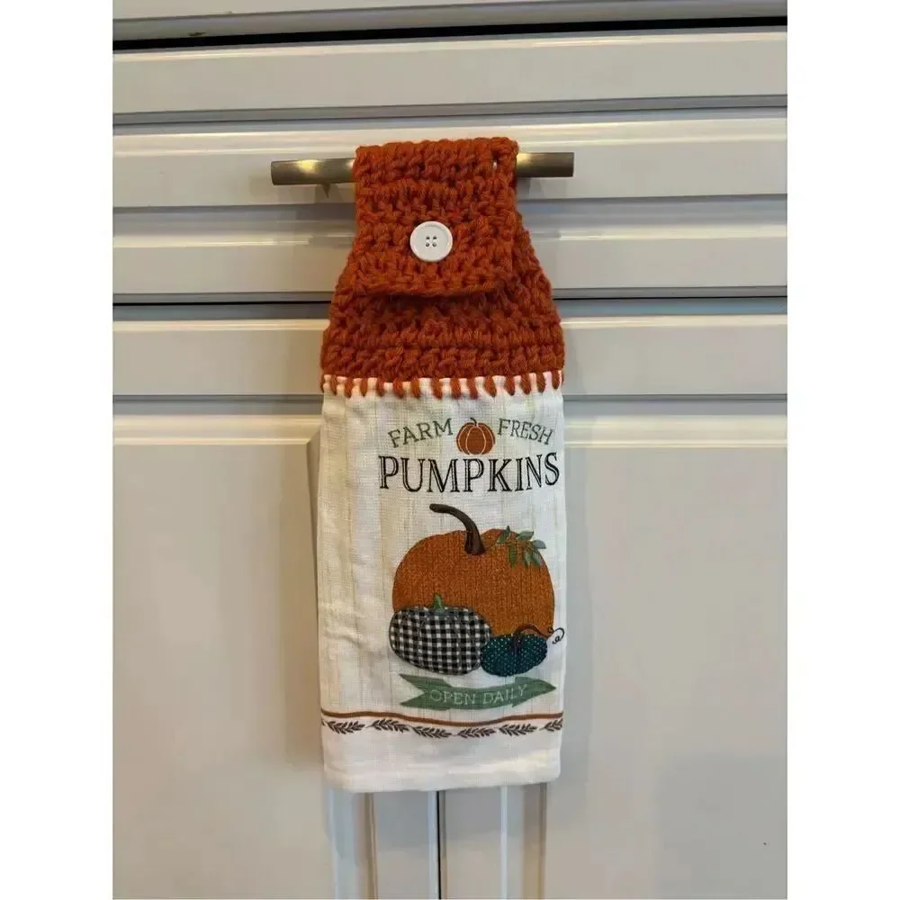 Crochet Top Kitchen Towel-Farm fresh pumpkin open daily white button